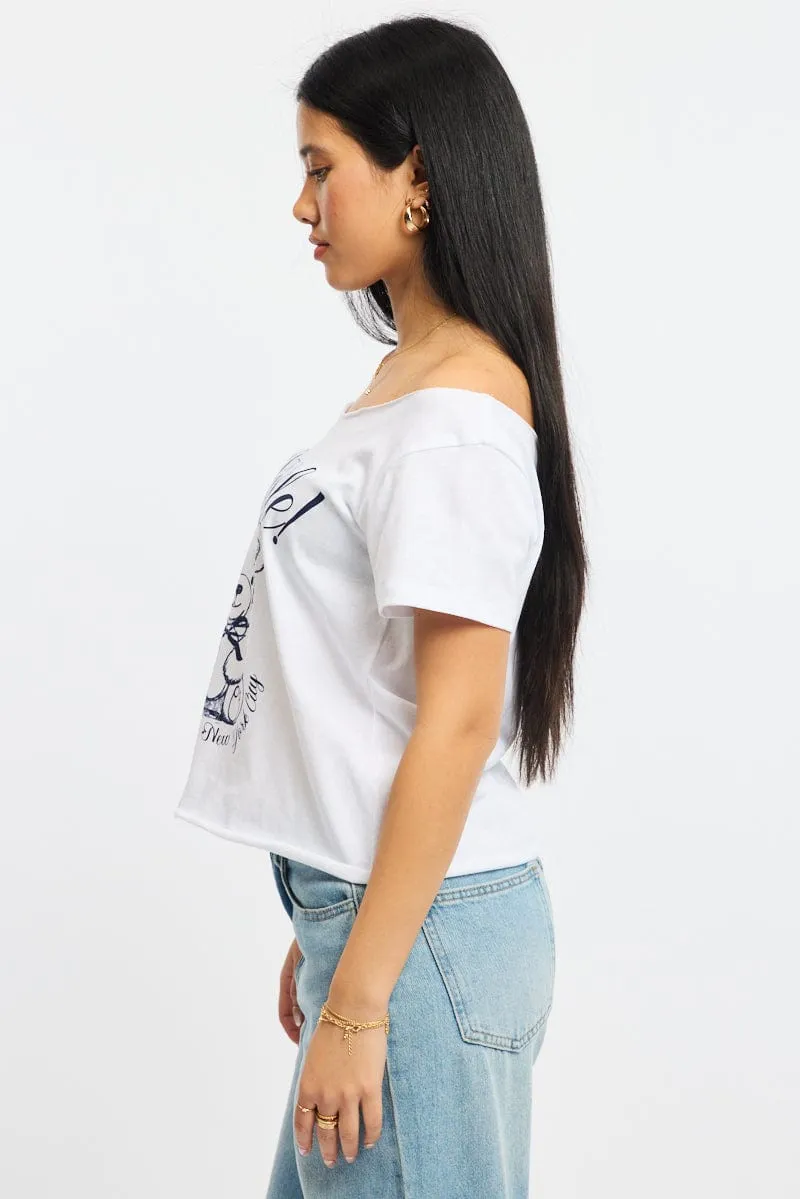 White Graphic Tee Off Shoulder sold by Ally Fashion product image thumbnail 3