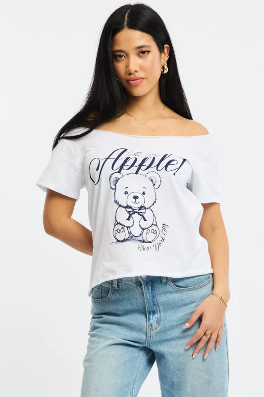White Graphic Tee Off Shoulder sold by Ally Fashion