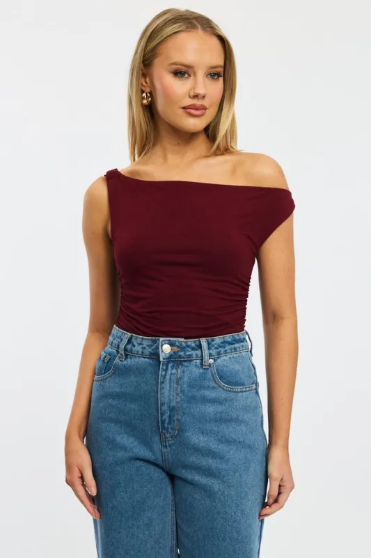 Red One Shoulder Bodysuit sold by Ally Fashion