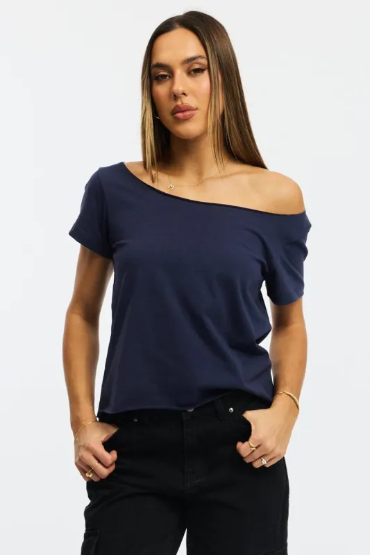 Blue Off Shoulder Tee Short Sleeve sold by Ally Fashion