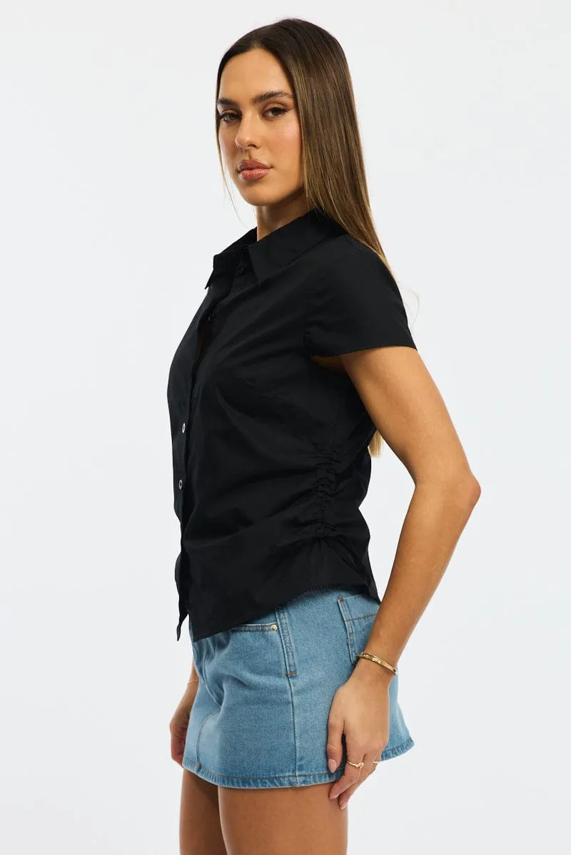 Black Short Sleeve Shirt Collared Side Ruched Button Up sold by Ally Fashion product image thumbnail 3