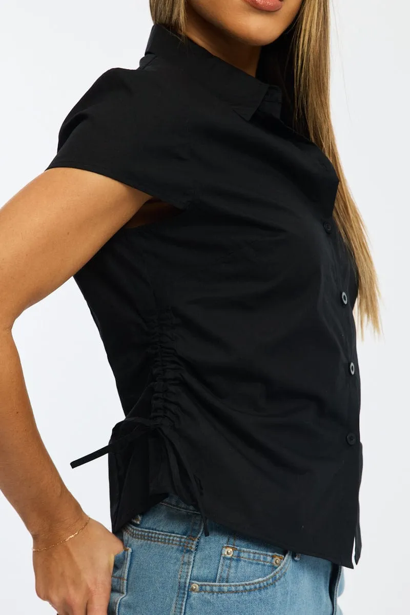 Black Short Sleeve Shirt Collared Side Ruched Button Up sold by Ally Fashion product image thumbnail 5