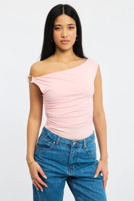 Pink One Shoulder Bodysuit sold by Ally Fashion