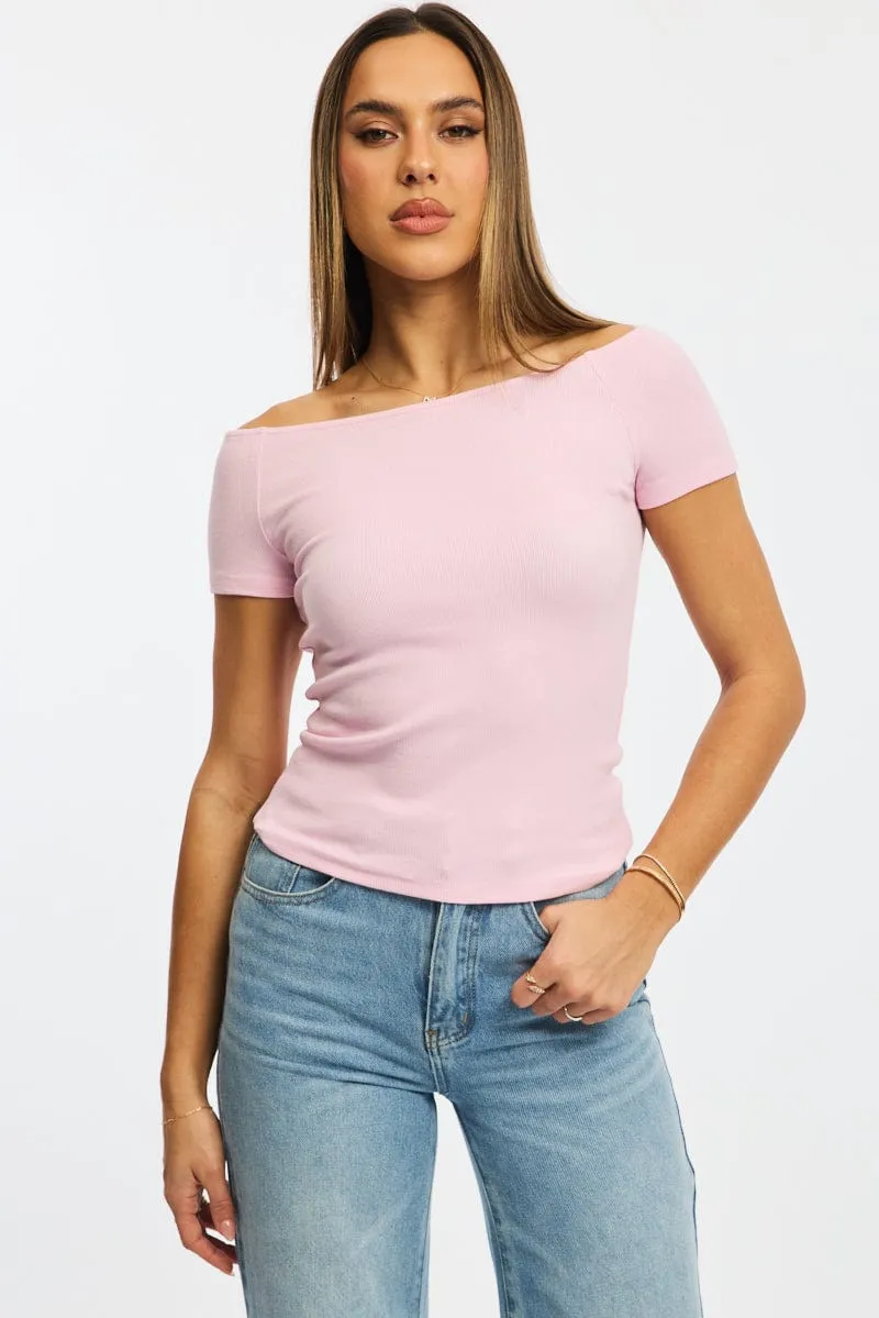 Pink Off Shoulder Top Rib sold by Ally Fashion