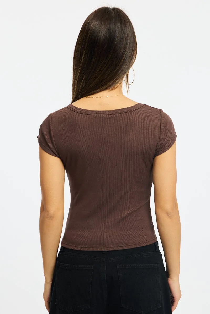 Brown Button Down Tee Short Sleeve Rib sold by Ally Fashion product image thumbnail 4