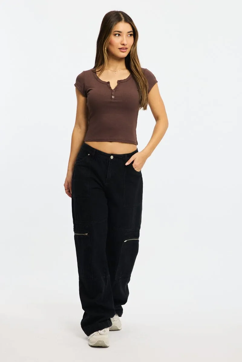 Brown Button Down Tee Short Sleeve Rib sold by Ally Fashion product image thumbnail 2