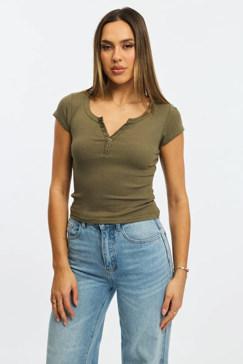 Green Button Down Tee Short Sleeve Rib sold by Ally Fashion