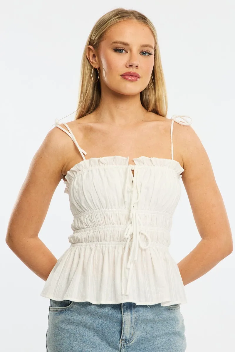 White Gathered Tie Cami Sleeveless Notched Front sold by Ally Fashion