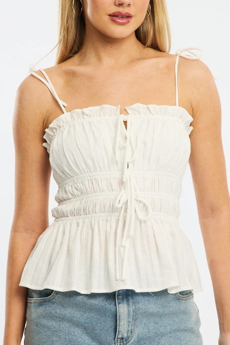 White Gathered Tie Cami Sleeveless Notched Front sold by Ally Fashion product image thumbnail 5