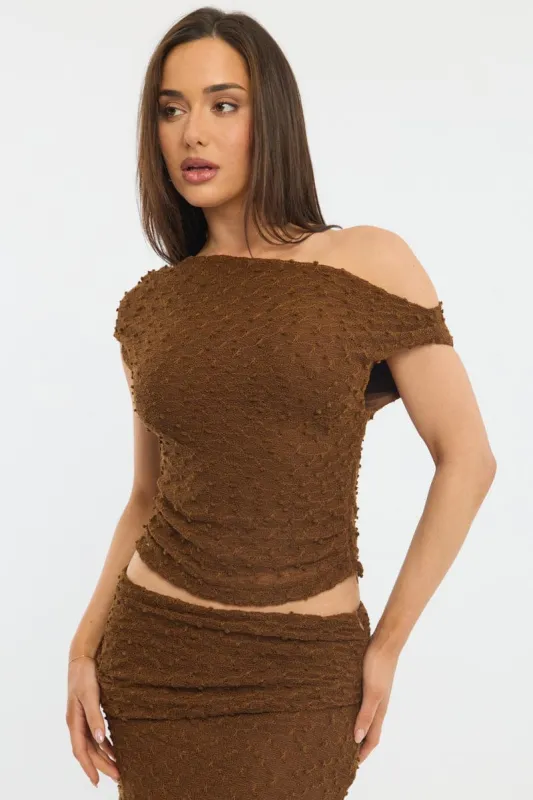 Brown Asymmetric Top Sleeveless One Shoulder Textured sold by Ally Fashion