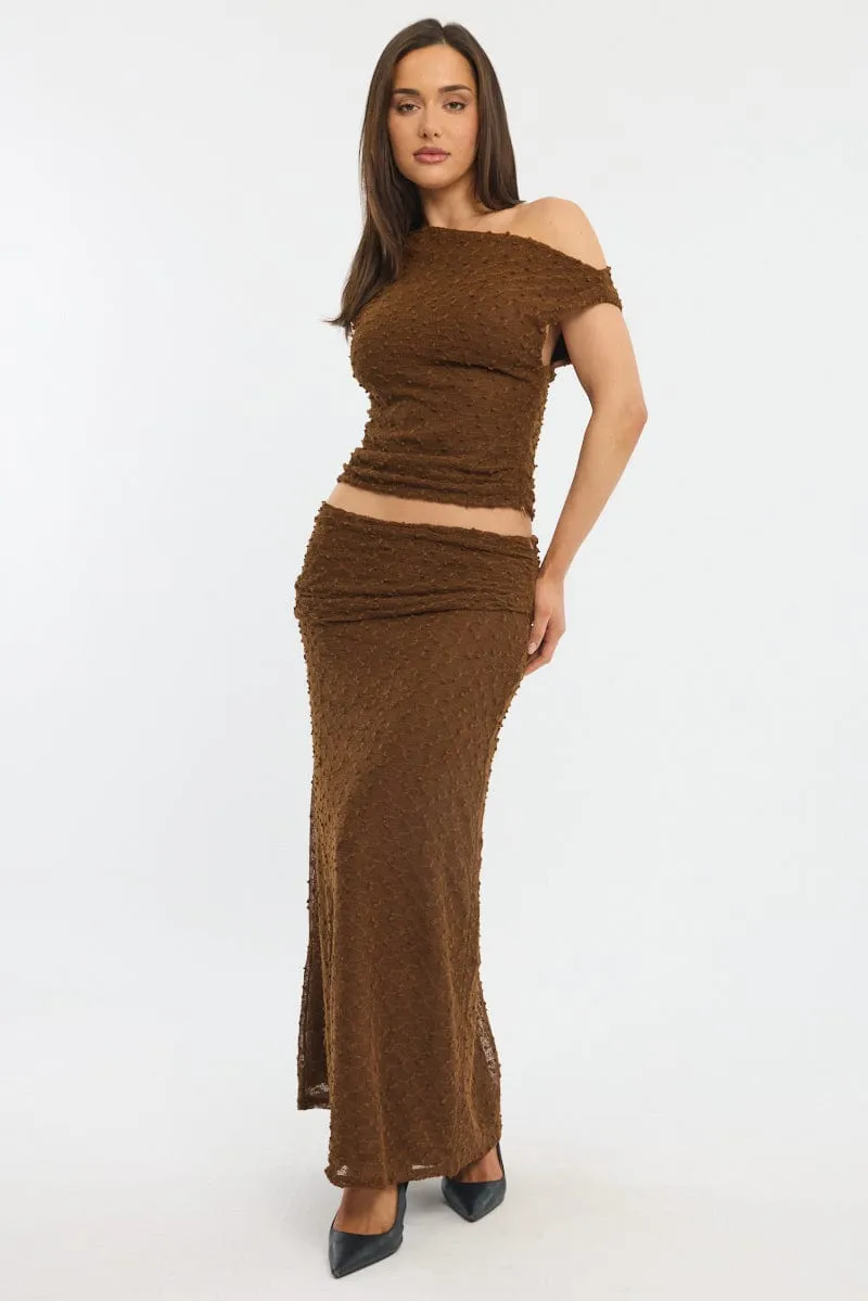 Brown Maxi Skirt Textured Gathered Waist Stretch Lined sold by Ally Fashion
