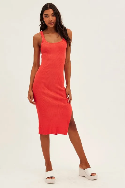 Orange Midi Dress Bodycon Round Neck Ribbed Knit sold by Ally Fashion
