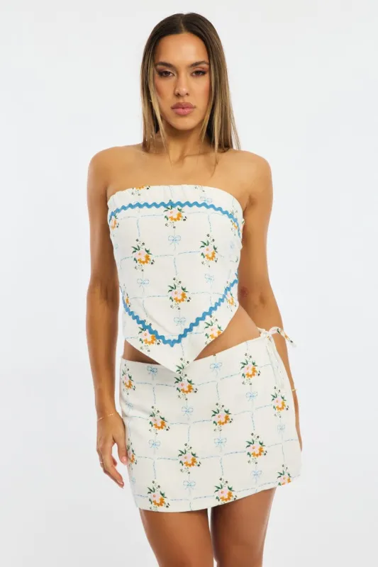 White Floral Mini Skort Skirt Side Tie Shorts Lined Linen Blend sold by Ally Fashion