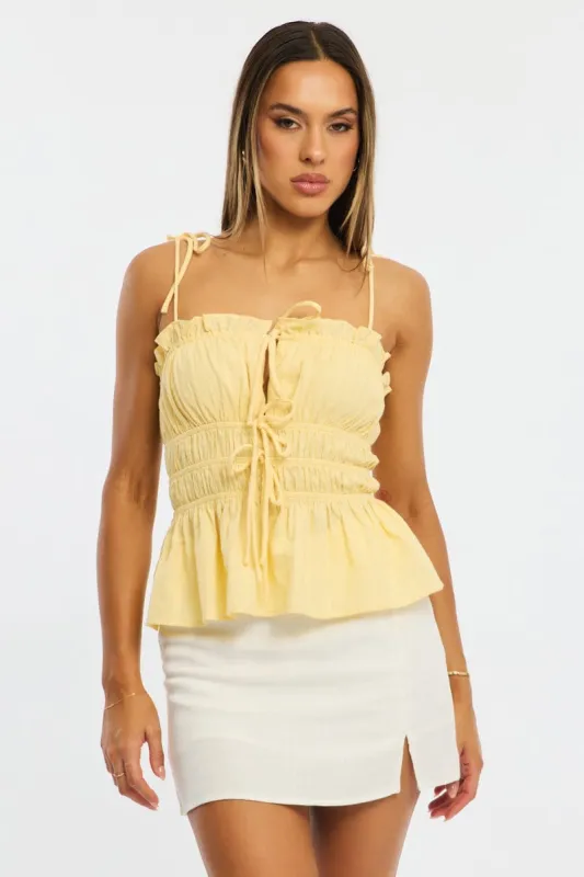 Yellow Gathered Tie Cami Sleeveless Notched Front sold by Ally Fashion