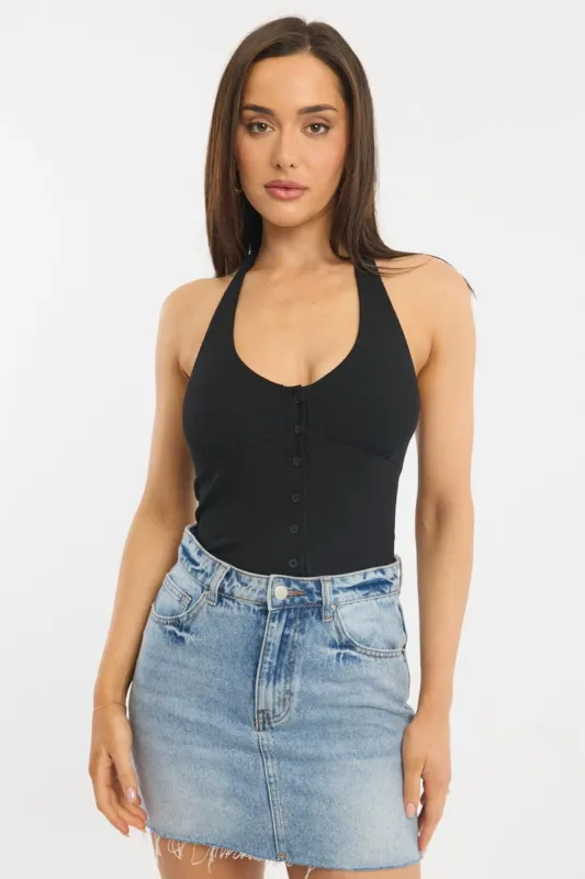 Black Halter Neck Top Button Front Rib sold by Ally Fashion