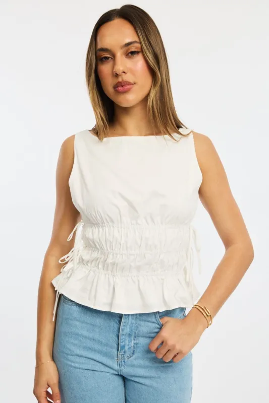 White Ruched Top Sleeveless Boat Neck Bow Details sold by Ally Fashion