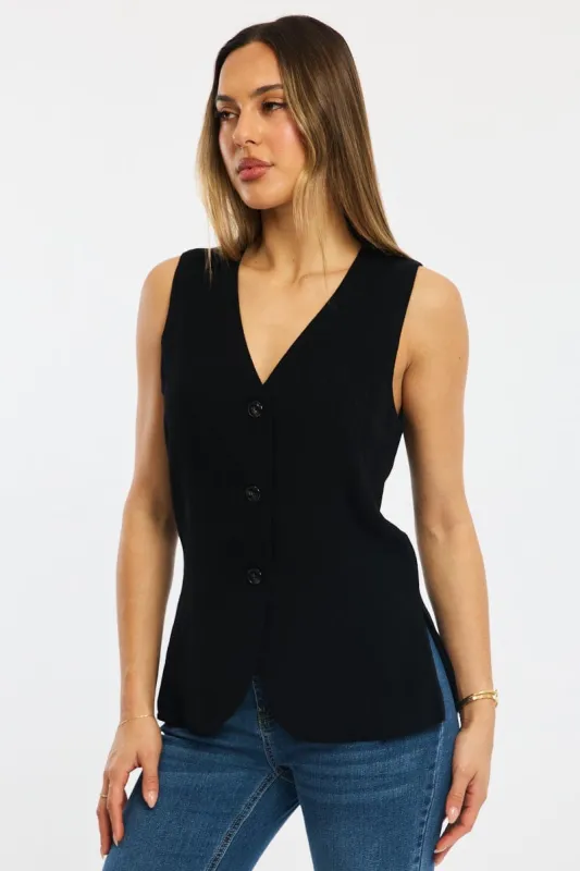 Black Linen Vest Longline V-neck sold by Ally Fashion