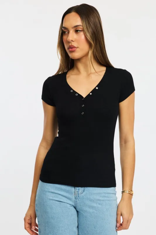 Black Henley Top Short Sleeve sold by Ally Fashion