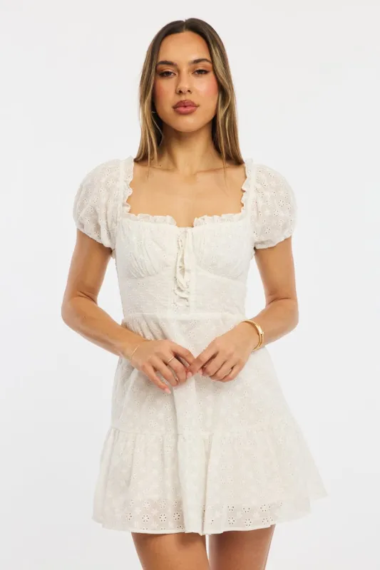 White Fit And Flare Dress Puff Sleeve Eyelet Fabric sold by Ally Fashion