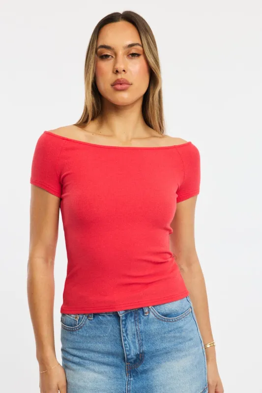 Red Off Shoulder Top Rib sold by Ally Fashion