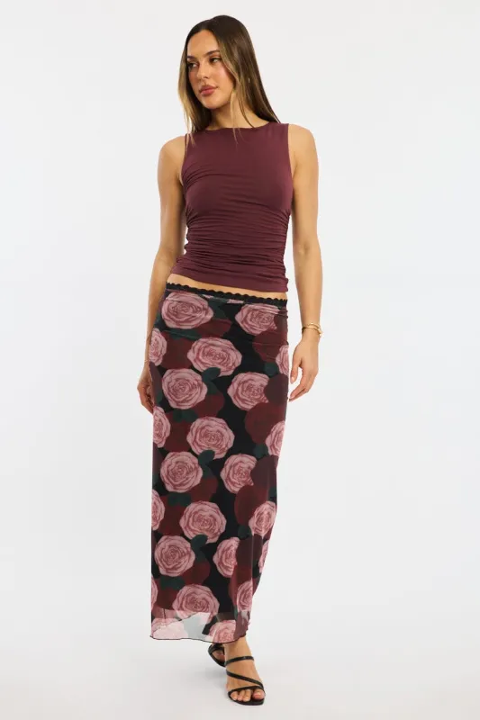 Black Floral Mesh Maxi Skirt Elastic Waist Lace Trim Detail sold by Ally Fashion