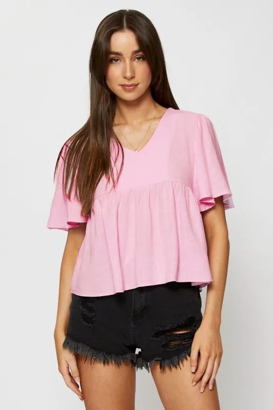 Pink Peplum Blouse V-Neck sold by Ally Fashion