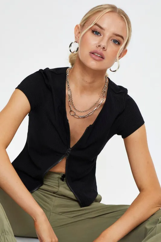 Black Short Sleeve Rib Jersey Zip Front Top sold by Ally Fashion