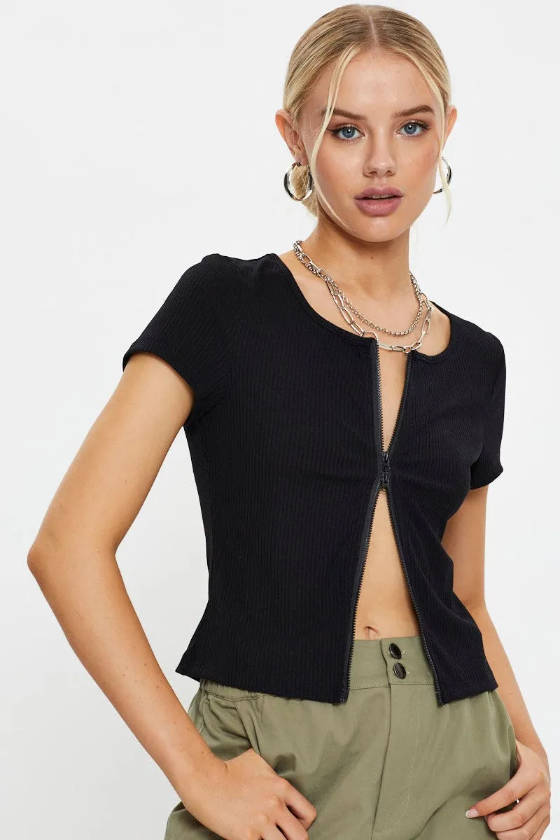 Black Short Sleeve Rib Jersey Zip Front Top sold by Ally Fashion product image thumbnail 2