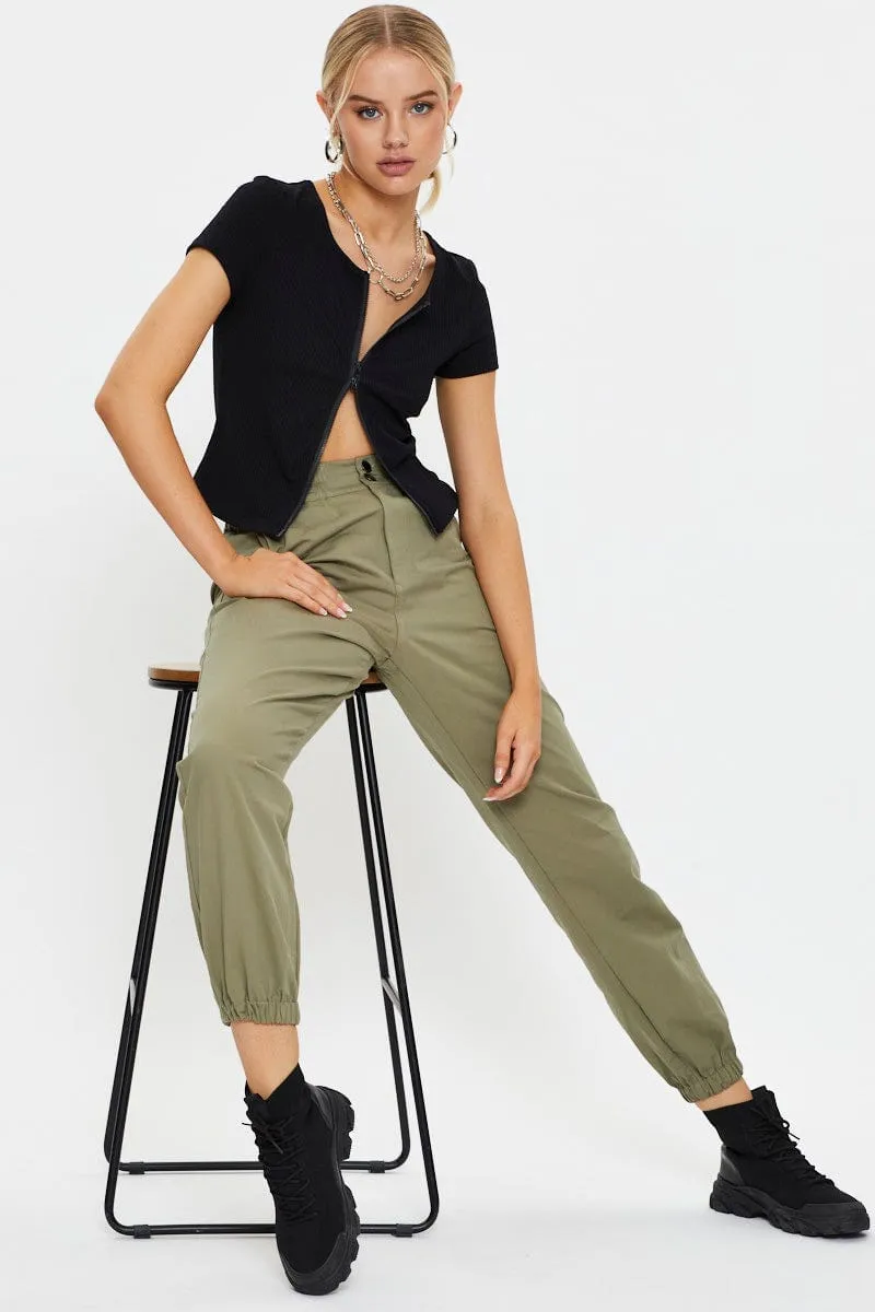 Black Short Sleeve Rib Jersey Zip Front Top sold by Ally Fashion product image thumbnail 3