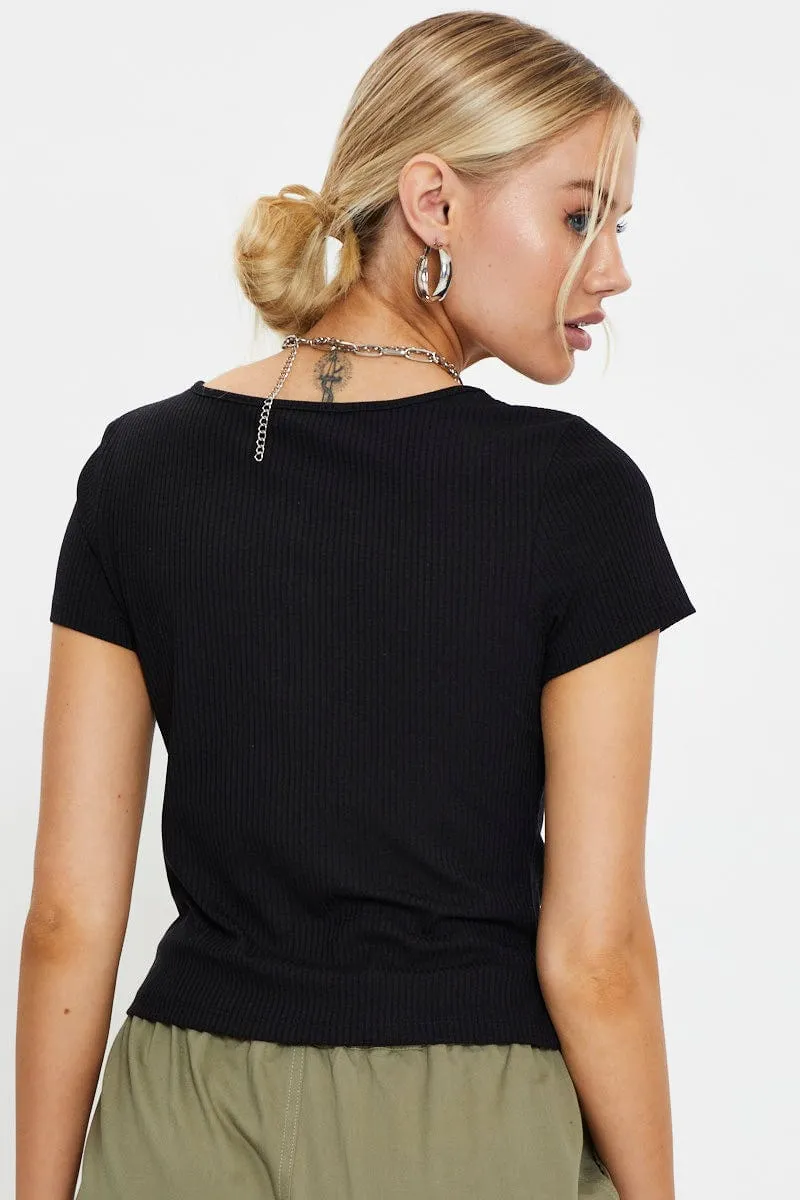 Black Short Sleeve Rib Jersey Zip Front Top sold by Ally Fashion product image thumbnail 5