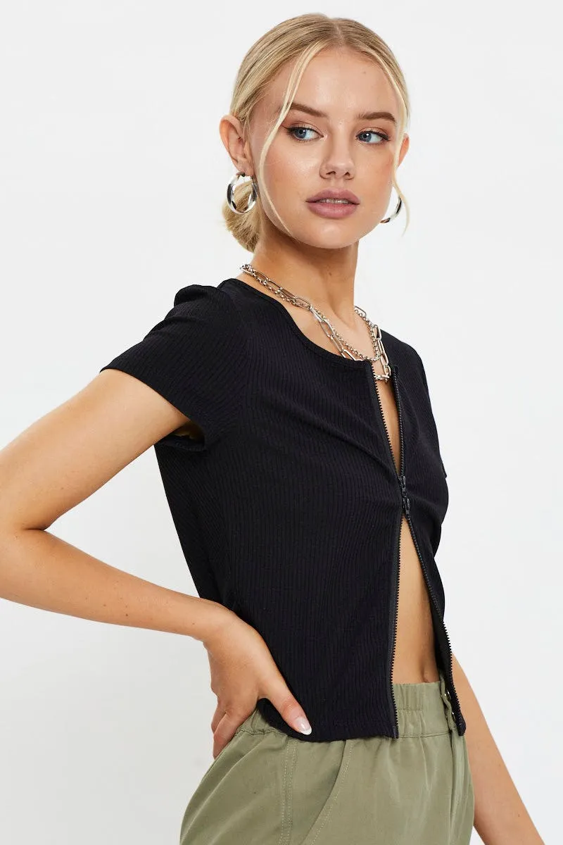 Black Short Sleeve Rib Jersey Zip Front Top sold by Ally Fashion product image thumbnail 4