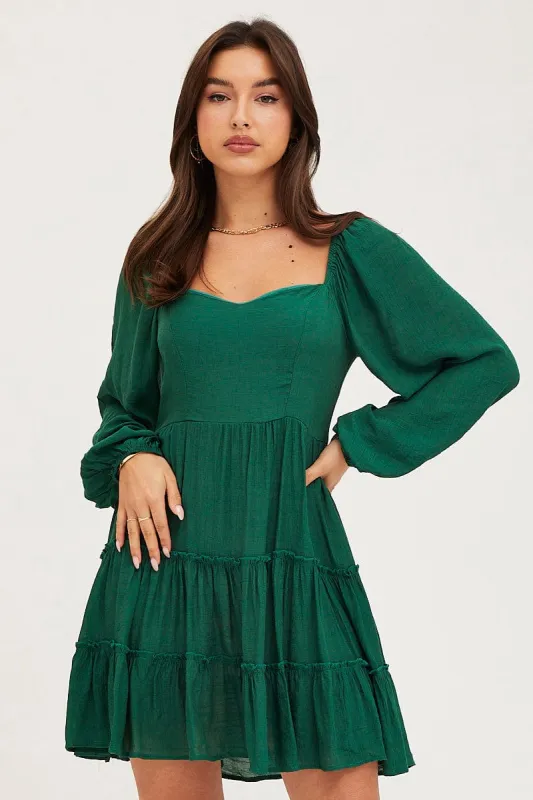 Green Fit And Flare Dress Long Sleeve Square Neck sold by Ally Fashion
