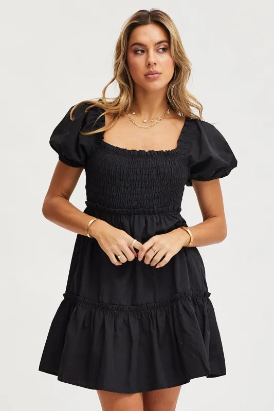 Black Mini Dress Short Sleeve Square Neck sold by Ally Fashion