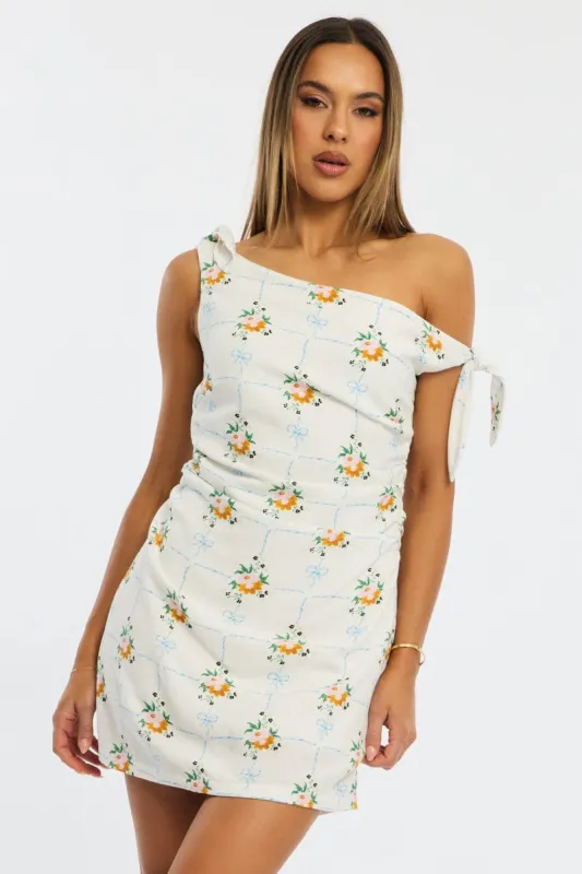 White Floral Bodycon Dress Tie Up Shoulder sold by Ally Fashion