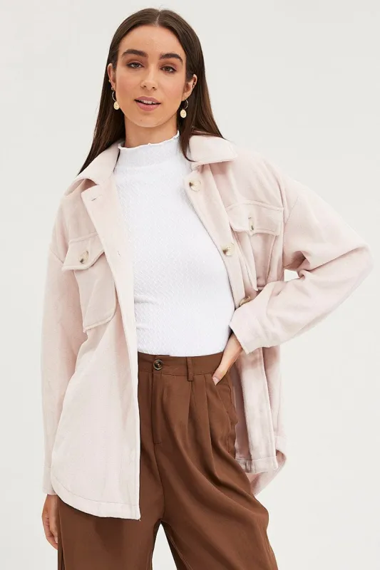 Beige Oversized Shacket Long Sleeve Collared sold by Ally Fashion