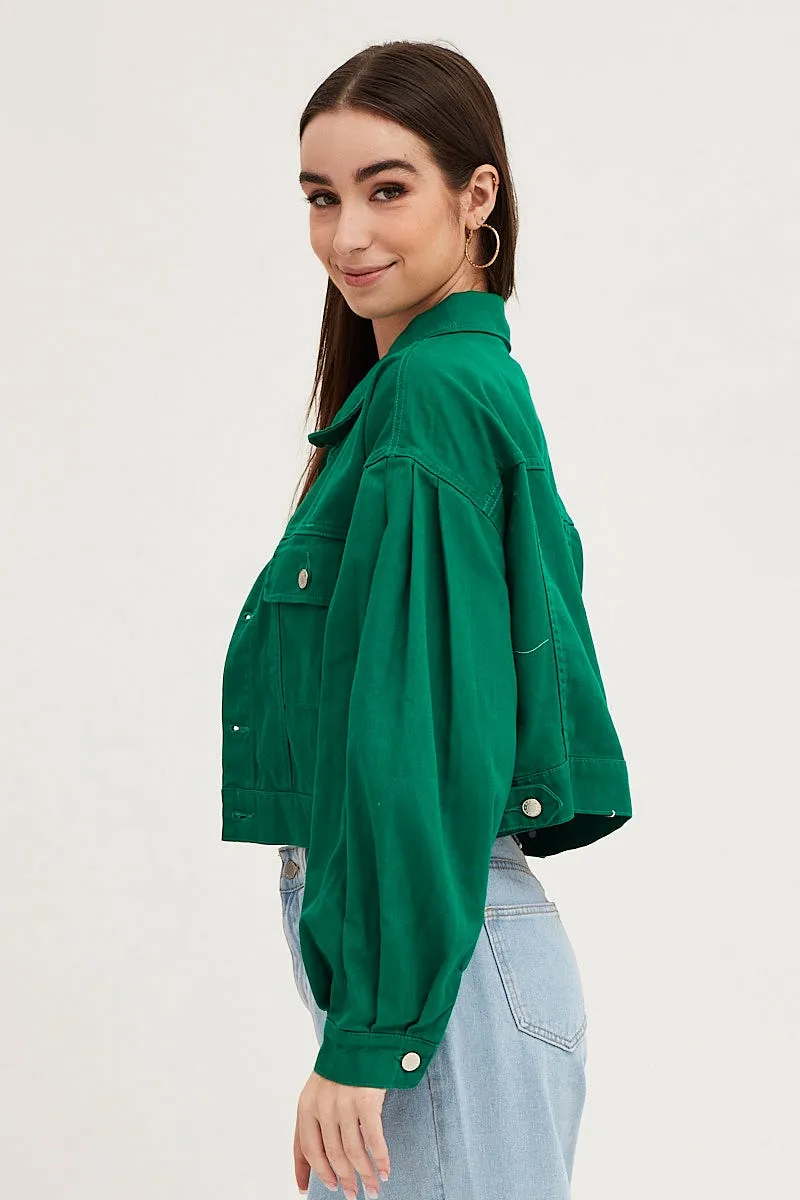 Green Long Sleeve Cropped Denim Jacket sold by Ally Fashion product image thumbnail 4