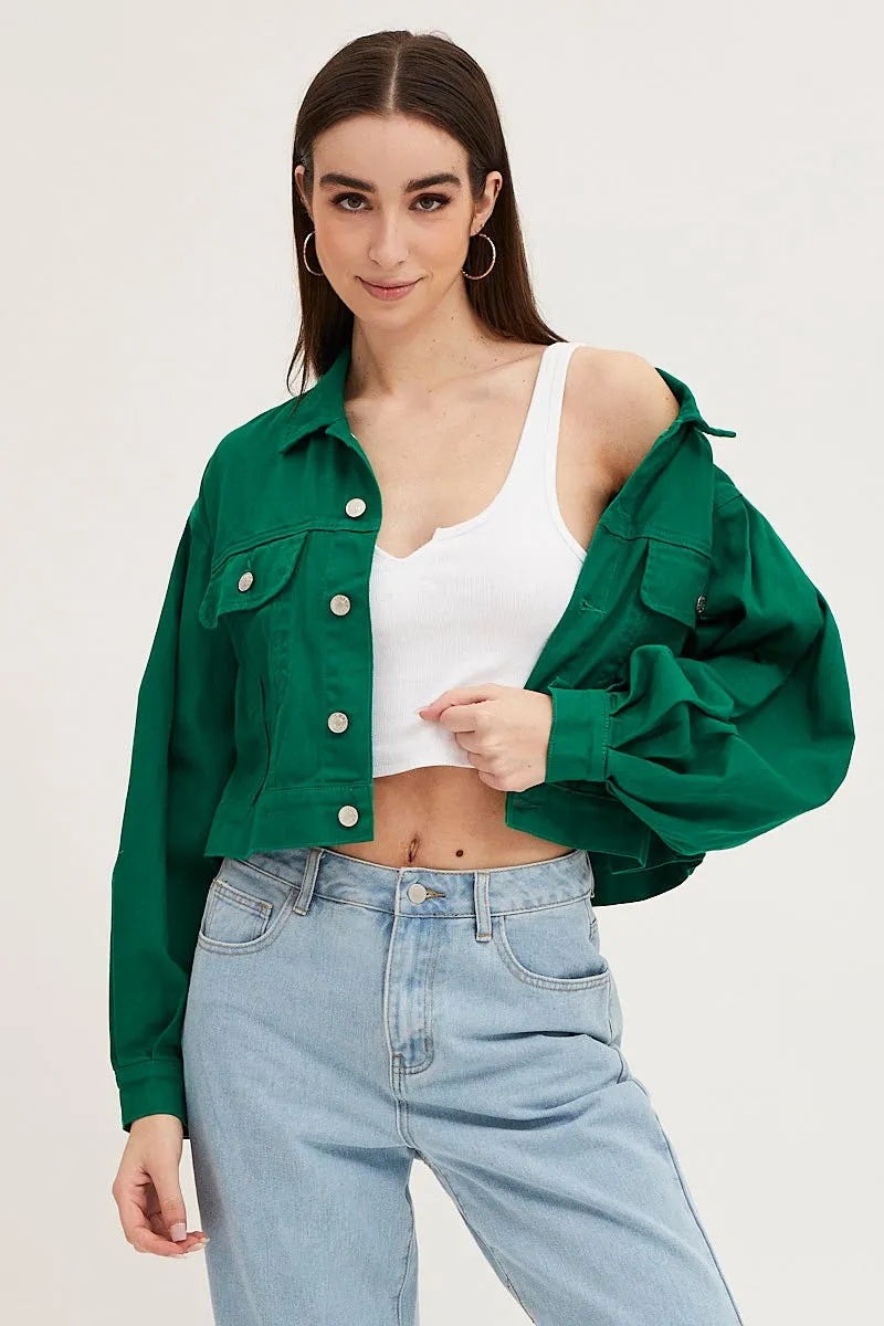 Green Long Sleeve Cropped Denim Jacket sold by Ally Fashion