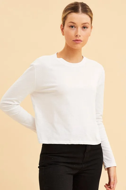 White Cropped T-Shirt Long Sleeve Crew Neck Cotton sold by Ally Fashion