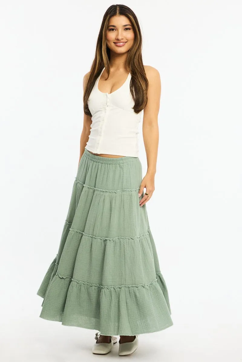 Green Midi Skirt Tiered High Rise Lined sold by Ally Fashion