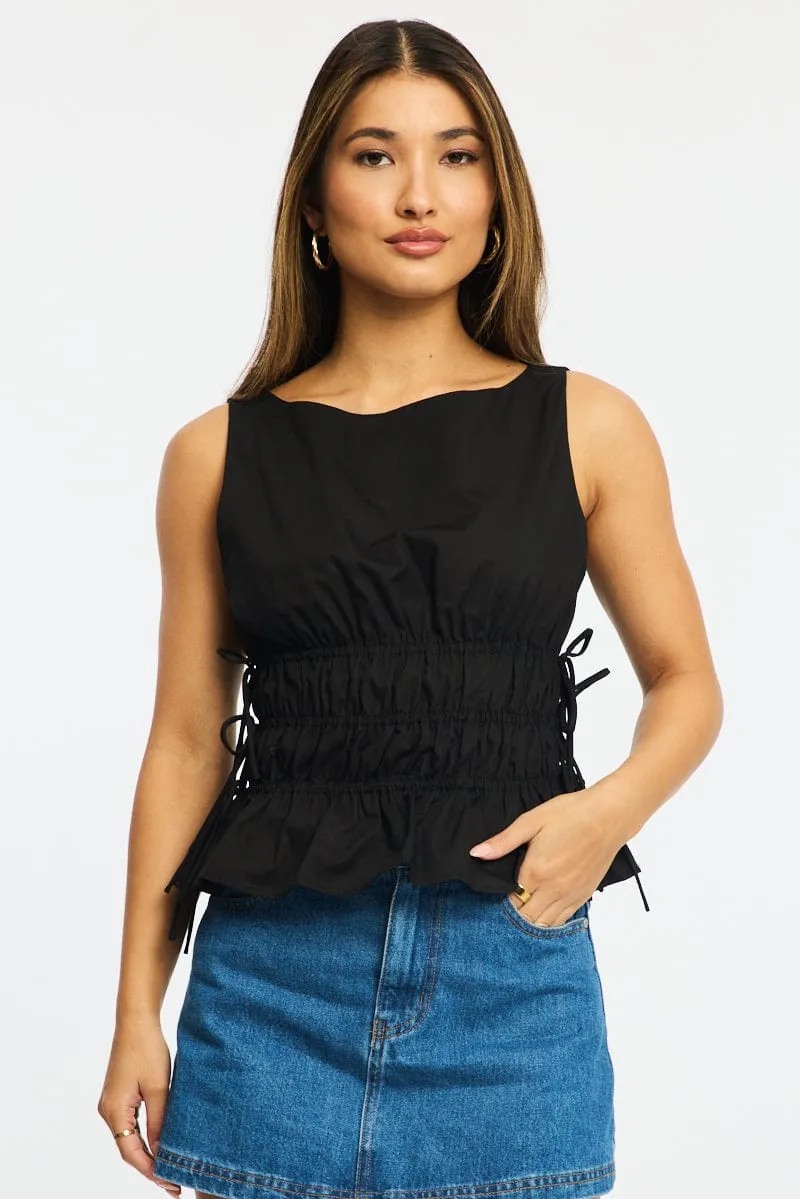 Black Ruched Top Sleeveless Boat Neck Bow Details sold by Ally Fashion