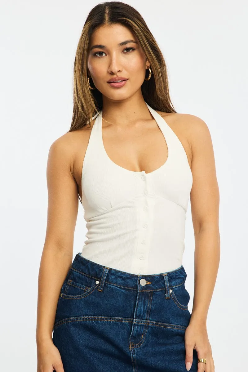 White Halter Neck Top Button Front Rib sold by Ally Fashion