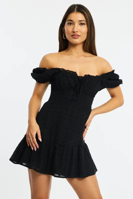 Black Fit And Flare Dress Puff Sleeve Eyelet Fabric sold by Ally Fashion