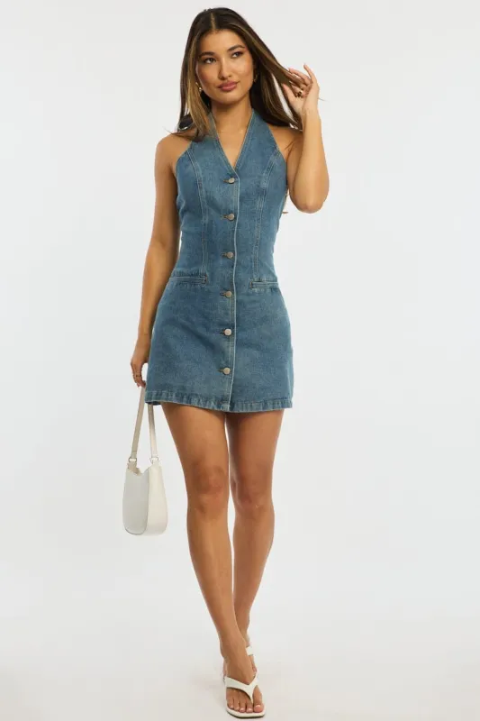 Blue Mini Dress Button Down Halter Neck sold by Ally Fashion
