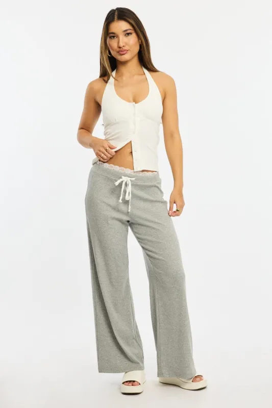 Grey Wide Leg Pants Lace Trim sold by Ally Fashion