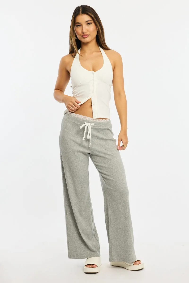 Grey Wide Leg Pants Lace Trim sold by Ally Fashion