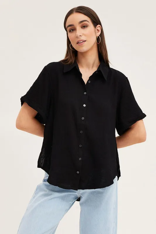 Black Short Sleeve Textured Cotton Easy Fit Shirt sold by Ally Fashion