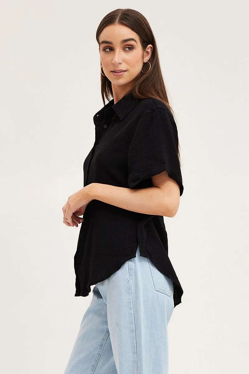 Black Short Sleeve Textured Cotton Easy Fit Shirt sold by Ally Fashion product image thumbnail 4