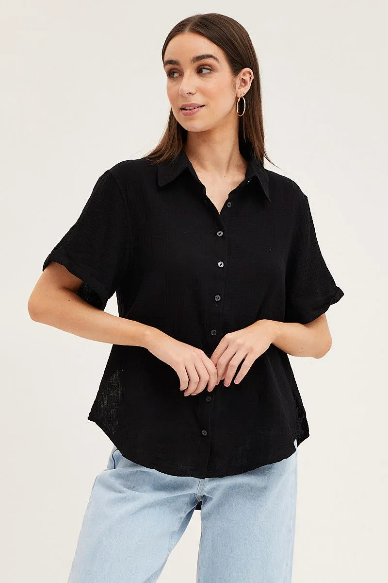 Black Short Sleeve Textured Cotton Easy Fit Shirt sold by Ally Fashion product image thumbnail 3