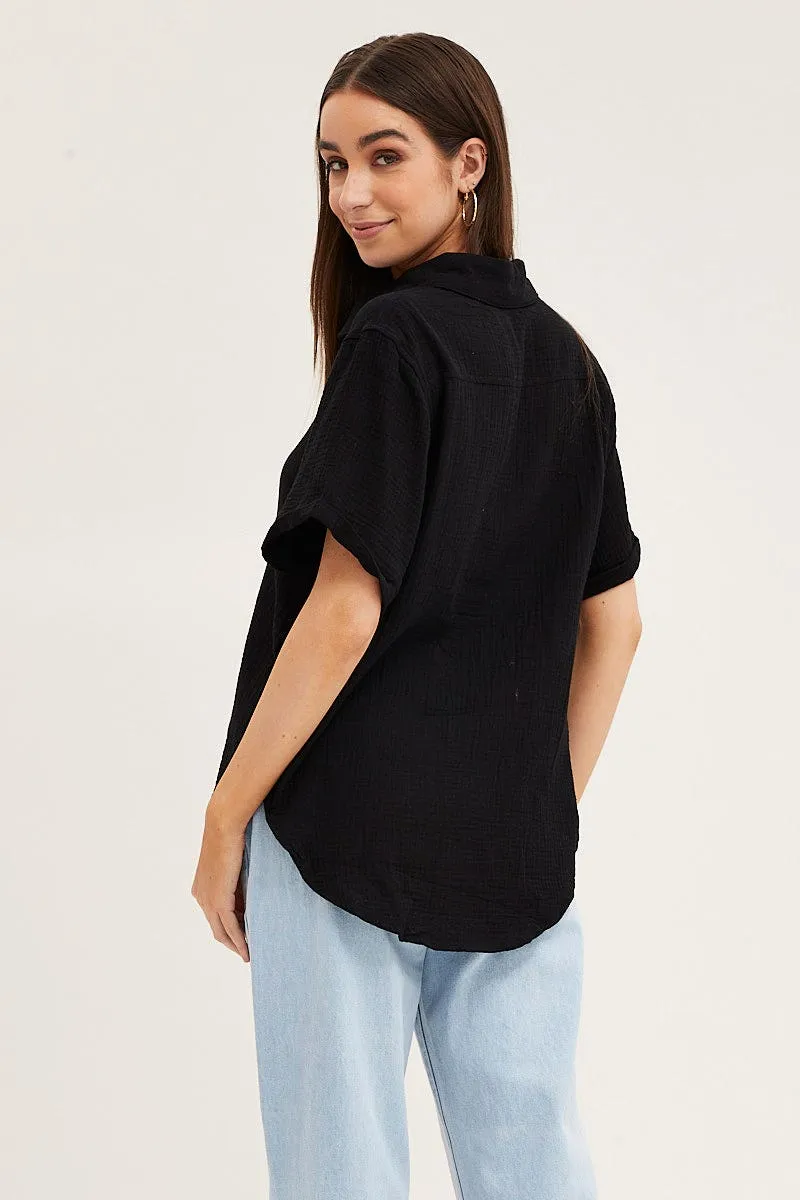 Black Short Sleeve Textured Cotton Easy Fit Shirt sold by Ally Fashion product image thumbnail 5