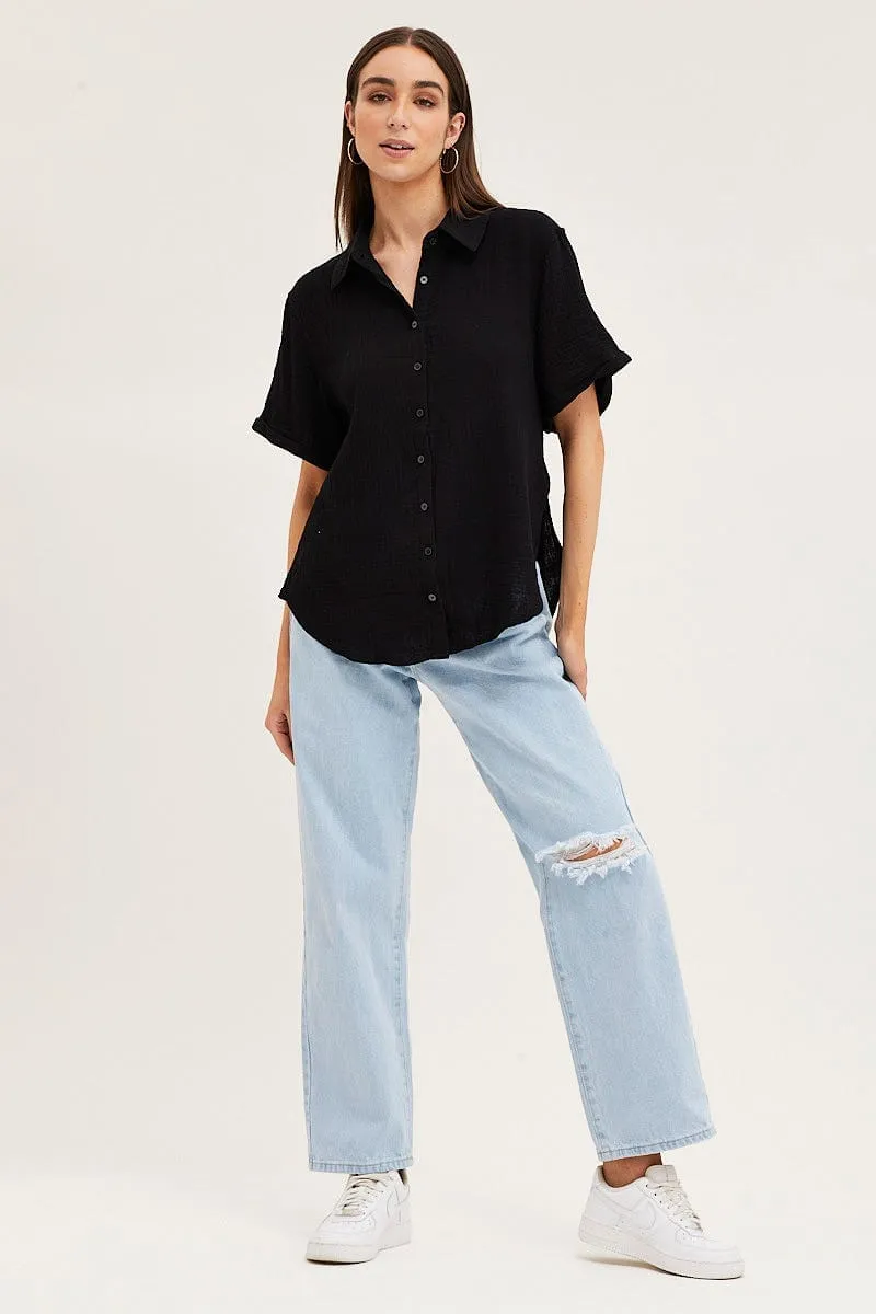 Black Short Sleeve Textured Cotton Easy Fit Shirt sold by Ally Fashion product image thumbnail 2